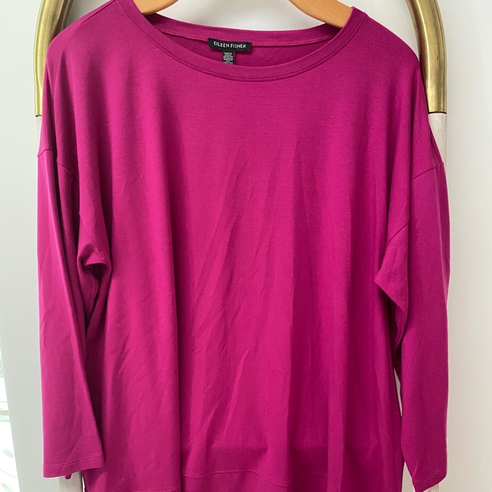 NWT Eileen Fisher USA Layered-Hem 3/4 Sleeves Magenta Tunic Size S/P